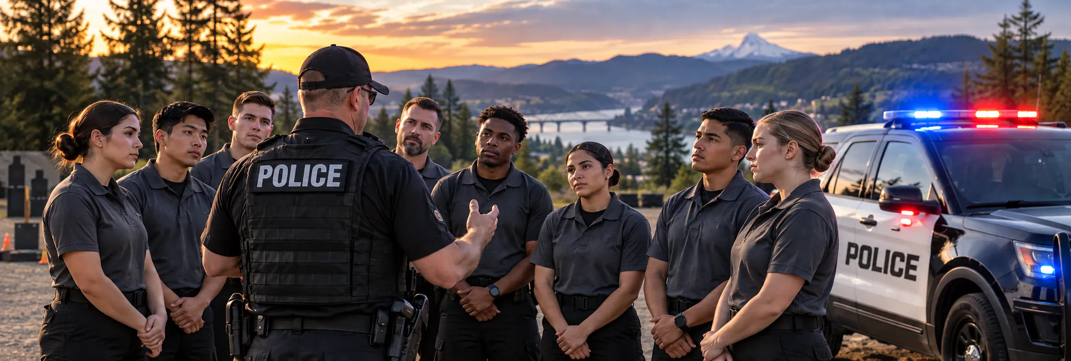 A police instructor walking with a diverse group of reserve academy students on an Oregon campus